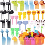 KDNZYIM animal food picks for kids front view showcasing fifty-five pieces of multicolor cartoon bento box accessories.