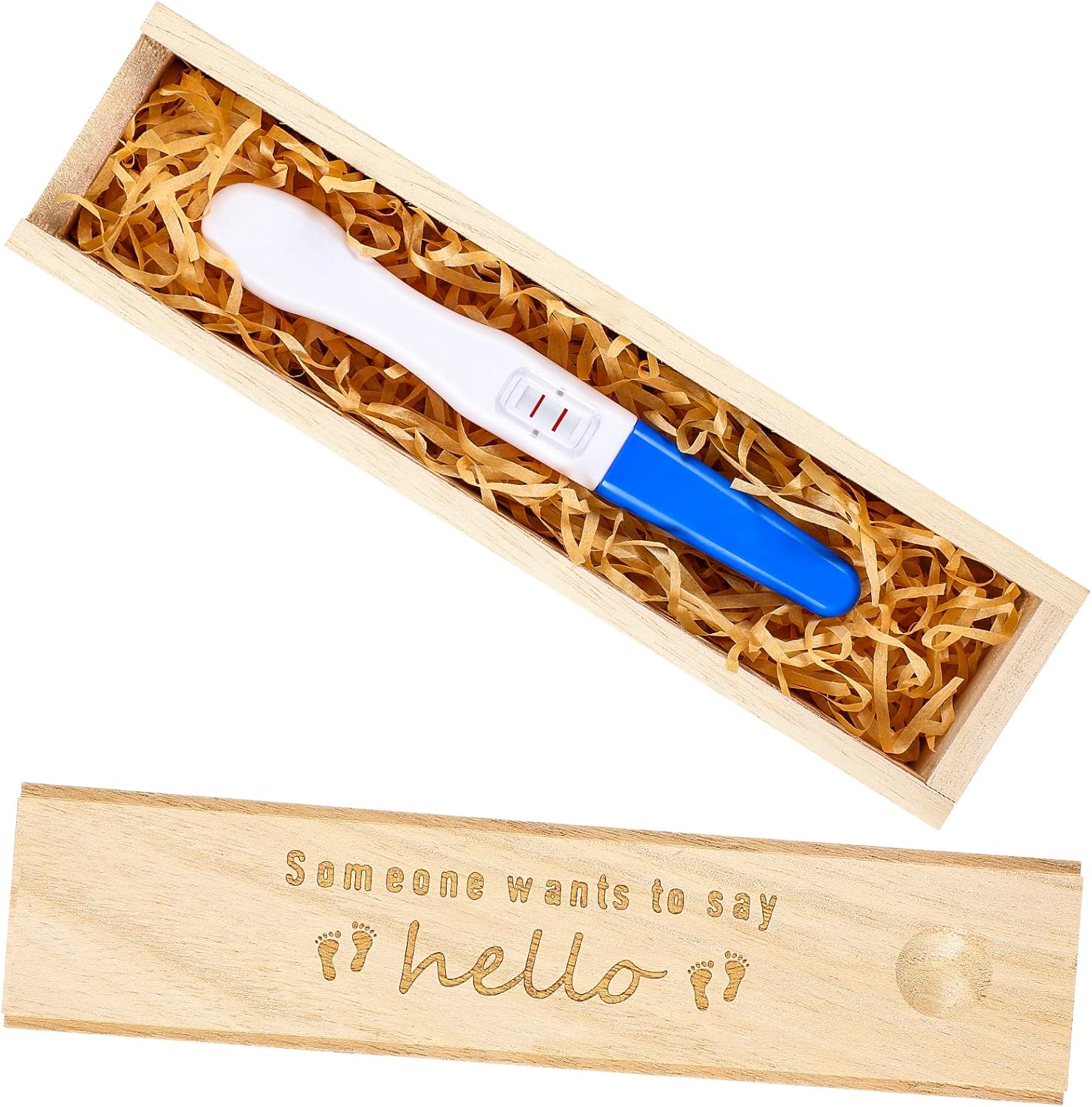 Qunclay pregnancy test keepsake box classic wooden front view showing engraved hello message.