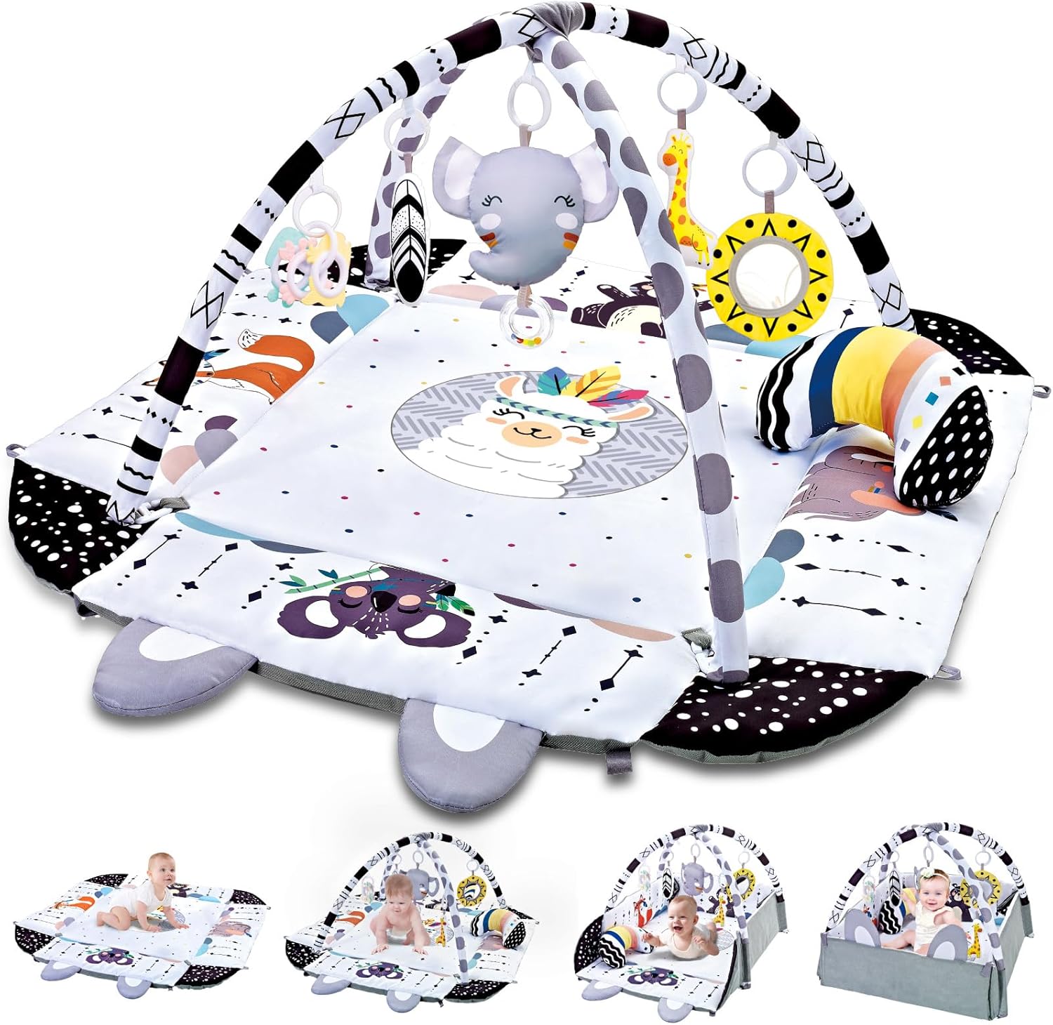 TFDER 8-in-1 baby gym play mat front view with sensory toys