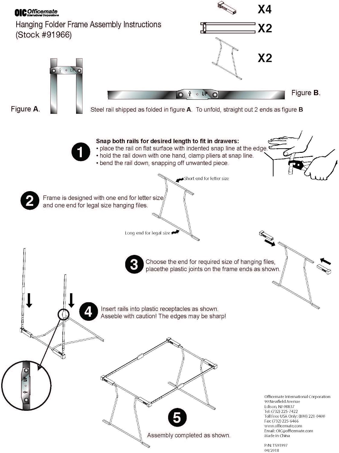 Tool free assembly components of Officemate hanging file frame