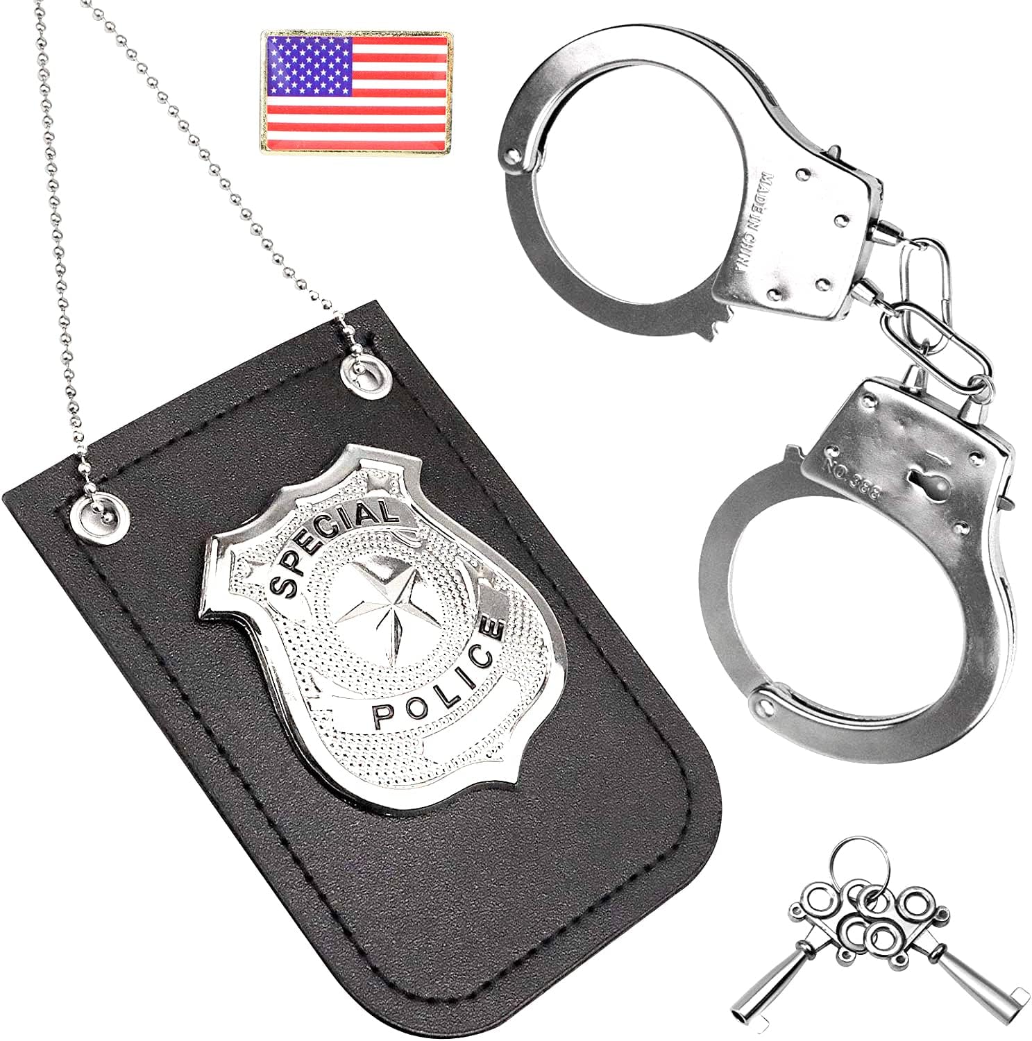 HAPTIME police badge and toy handcuffs set front view featuring realistic metal cuffs and keys for kids pretend play.