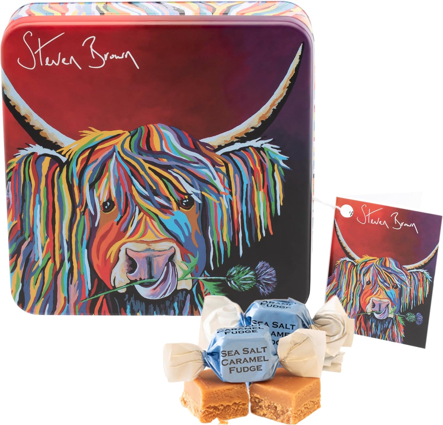 Gardiners of Scotland Lizzie McCoo Salted Caramel Fudge tin front view.