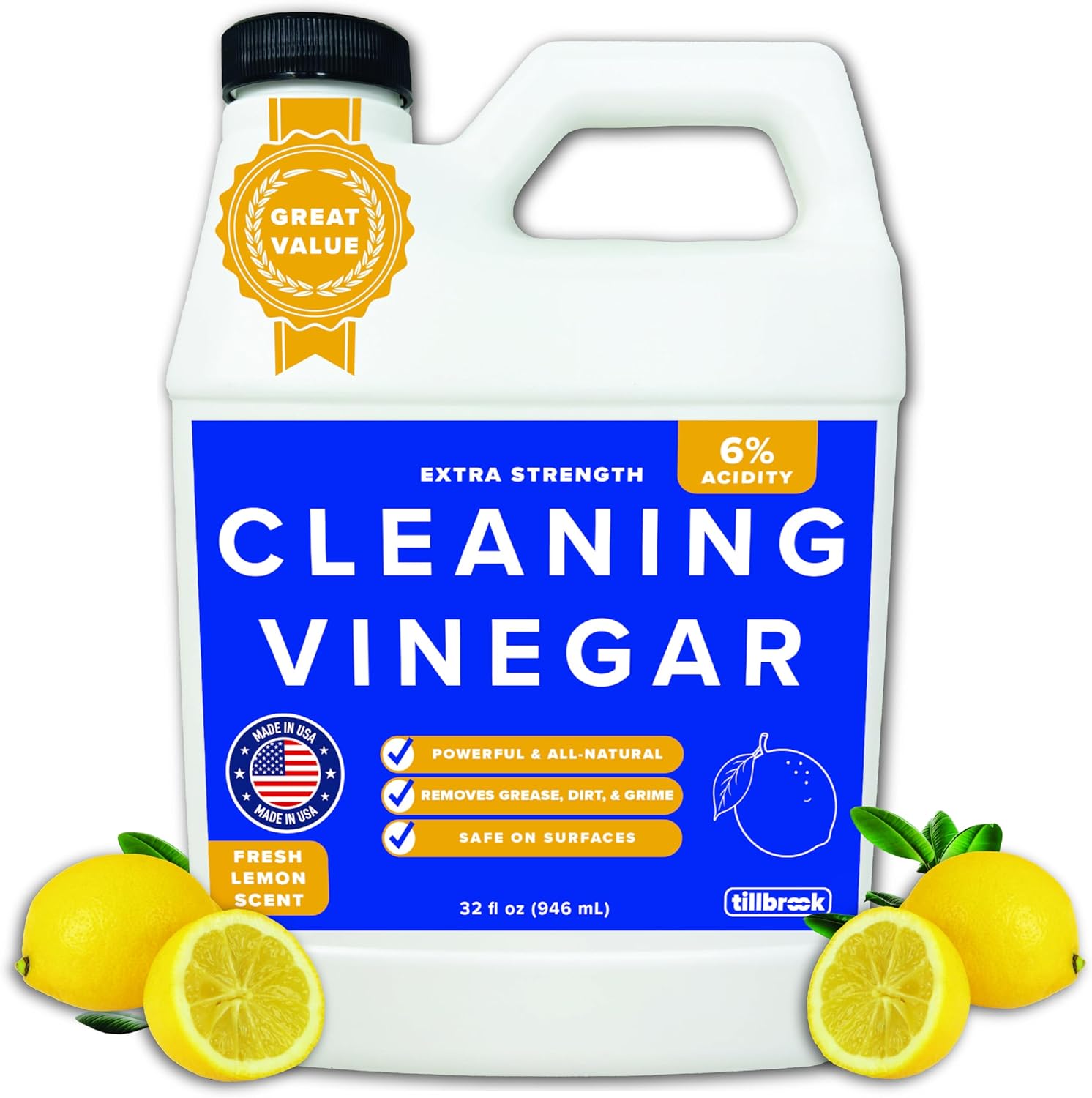Tillbrook Cleaning Vinegar 32 Ounce front view bottle for natural home sanitation.