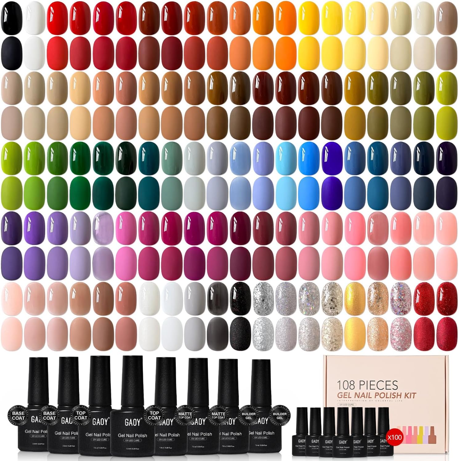 GAOY 108 Pcs Gel Nail Polish Set, 100 Colors All Season Gel Polish Kit Red Nude Black Hot Pink Neon Glitter with 8 Pcs Soak off Base Glossy Matte Top Coat & Builder for Nail Art DIY Manicure at Home - Image 1