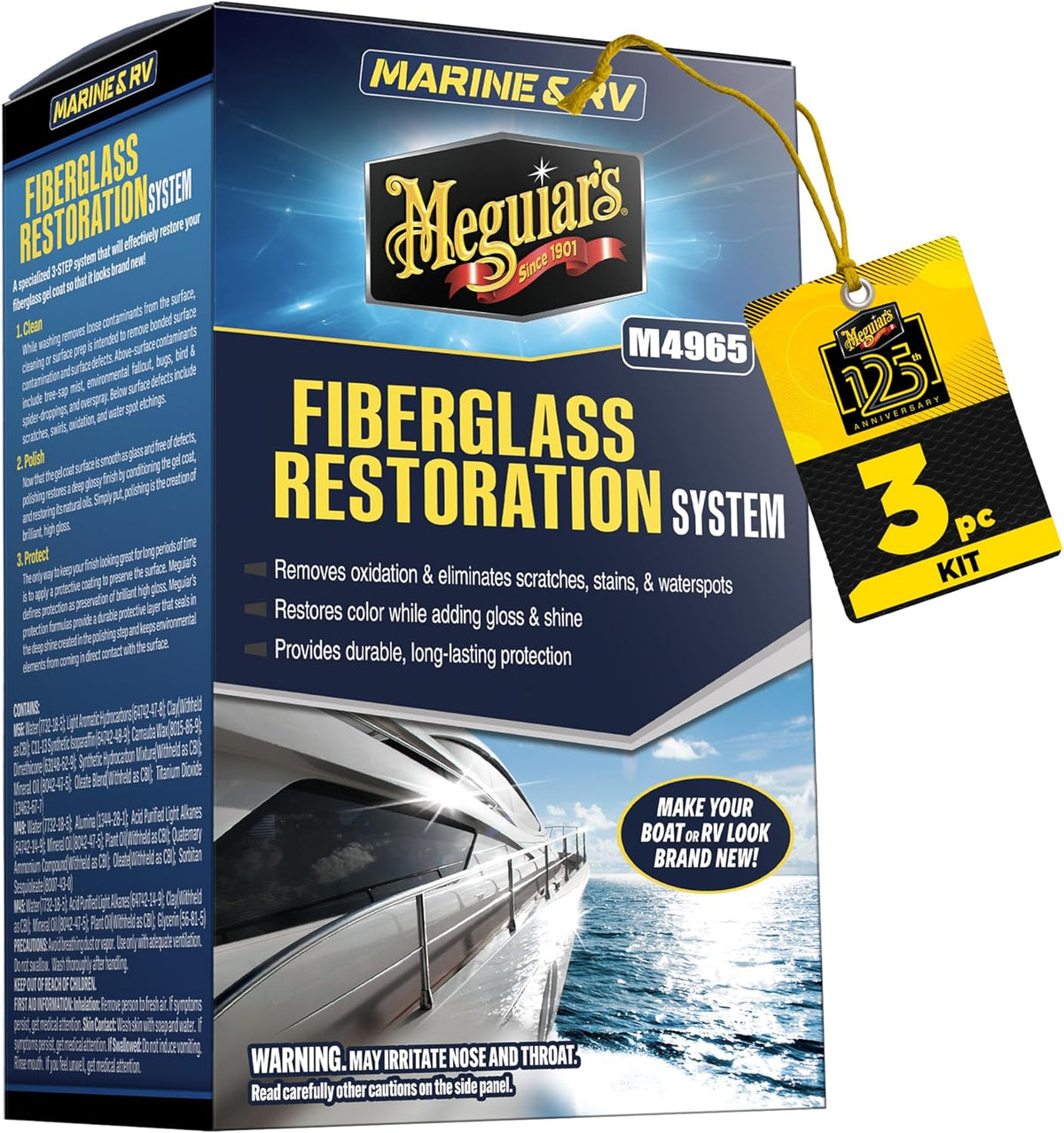 Meguiar's Marine And RV Fiberglass Restoration System M4965 front view showing three premium restoration bottles