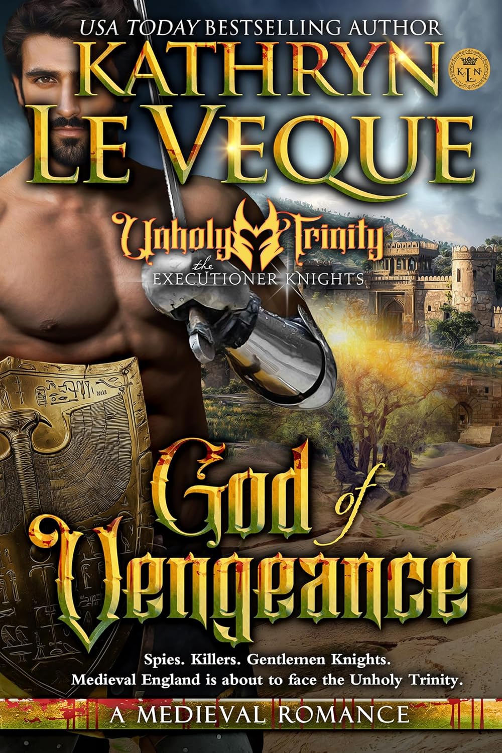 Kathryn Le Veque God of Vengeance paperback front cover view showing historical knight romance design.