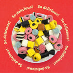 Assorted shapes and vibrant colors of authentic English licorice sweets spread out