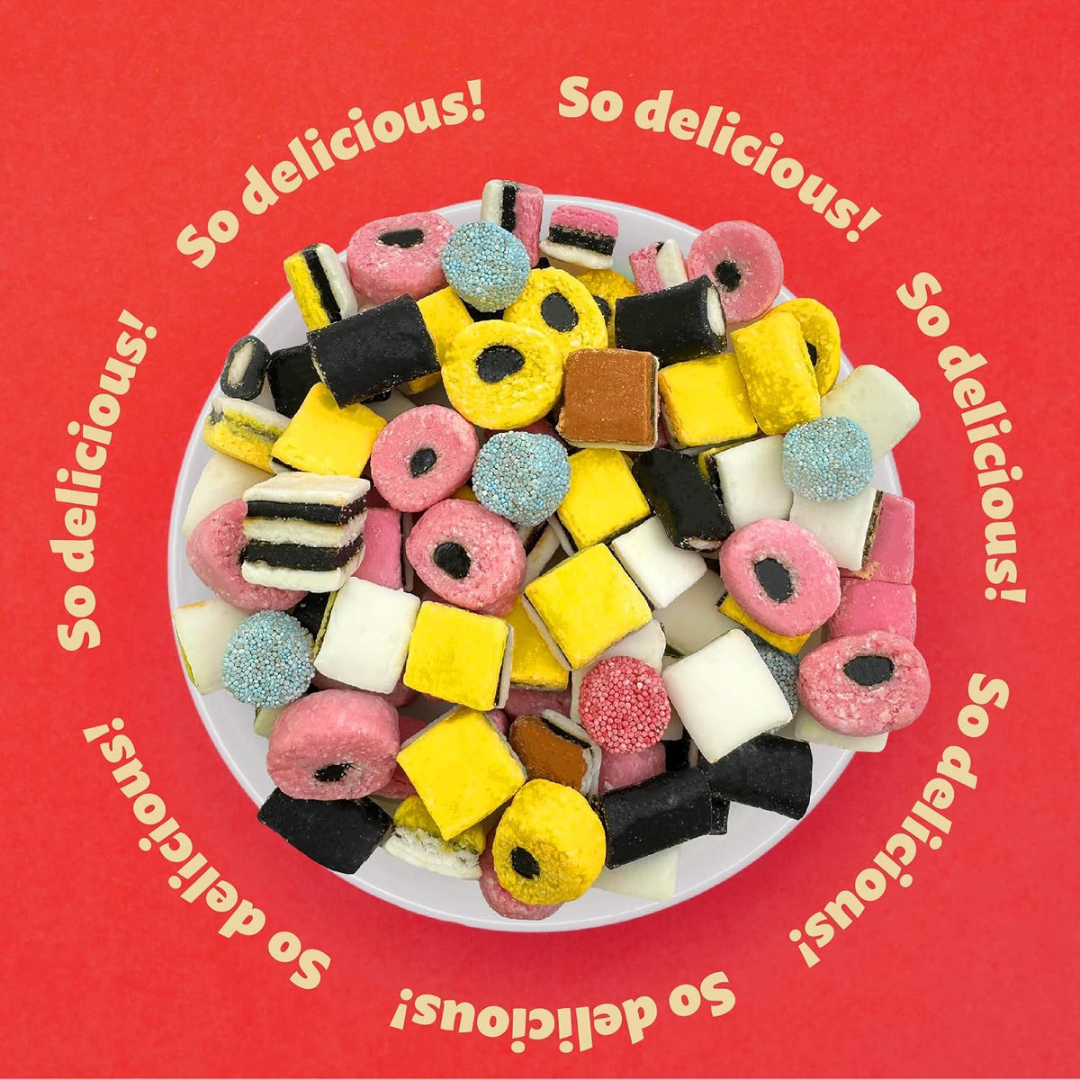 Assorted shapes and vibrant colors of authentic English licorice sweets spread out