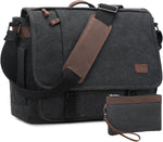 Nerlion messenger bag front view showing dark gray canvas and brown leatherette accents