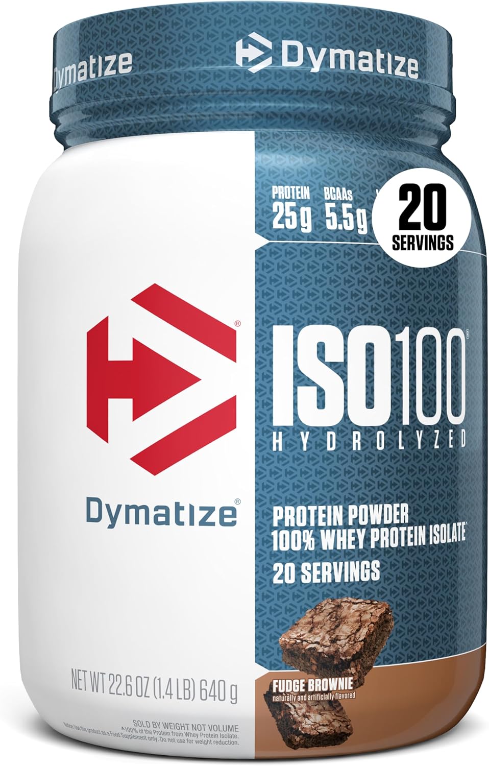 Dymatize ISO100 Fudge Brownie protein powder tub front view