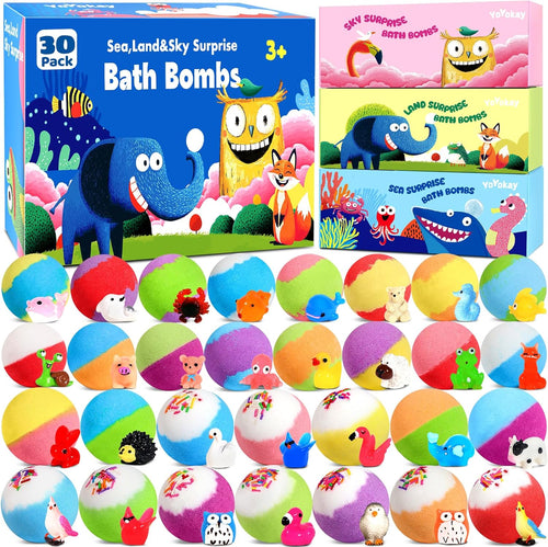 30 Pack Bath Bombs for Kids with Toys Inside, Kids Bath Bombs Gift Set with 30 Sea & Land & Sky Animal Surprise Toy, Bubble Bath Toys, Valentine Gifts for Girls Boys, Birthday Gifts - Image 1
