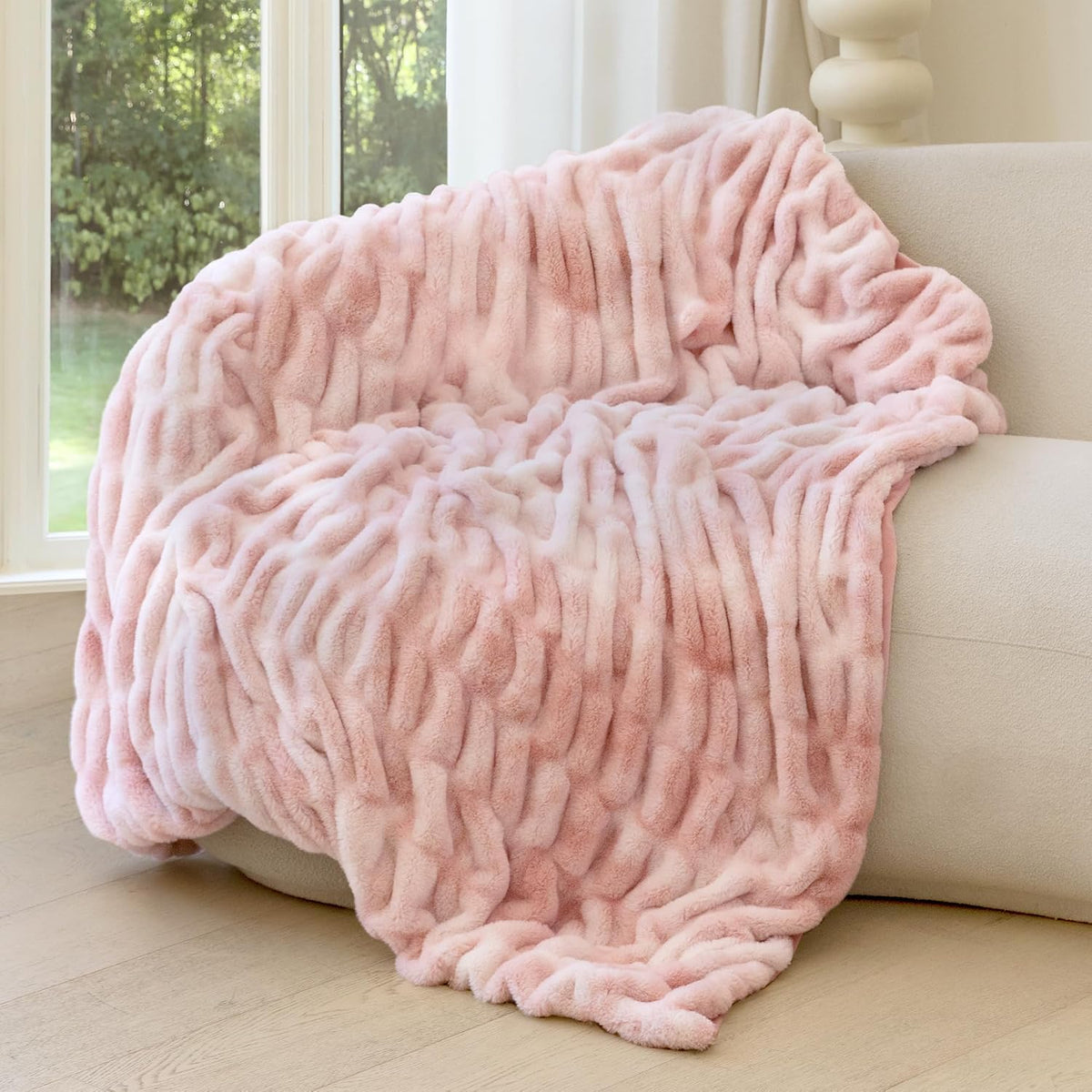 Faux Rabbit Fur Throw Blanket, Ultra Soft Plush Cozy Blanket for Couch Bed, Thick Fluffy Ruched Tie-Dye Decorative Blanket, Giftable,50"x60",Tie-Dye Khaki - Image 9