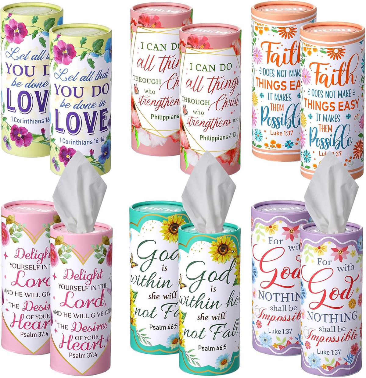Outus Christian Car Tissue Cylinder Holder 12 pack front view with floral designs.