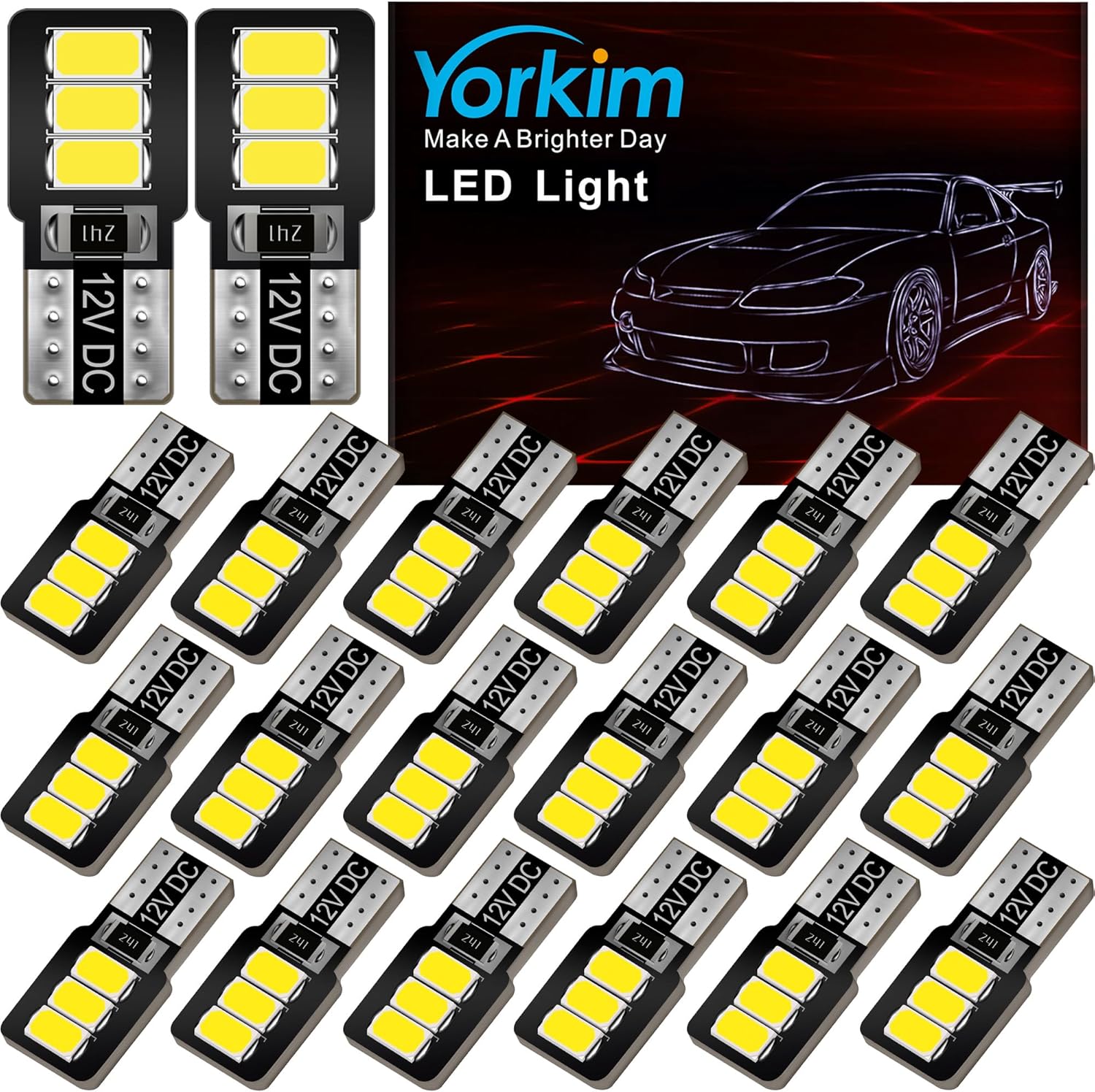 Yorkim T10 194 LED Bulb White twenty piece pack front view showcasing the mini design and wedge base.