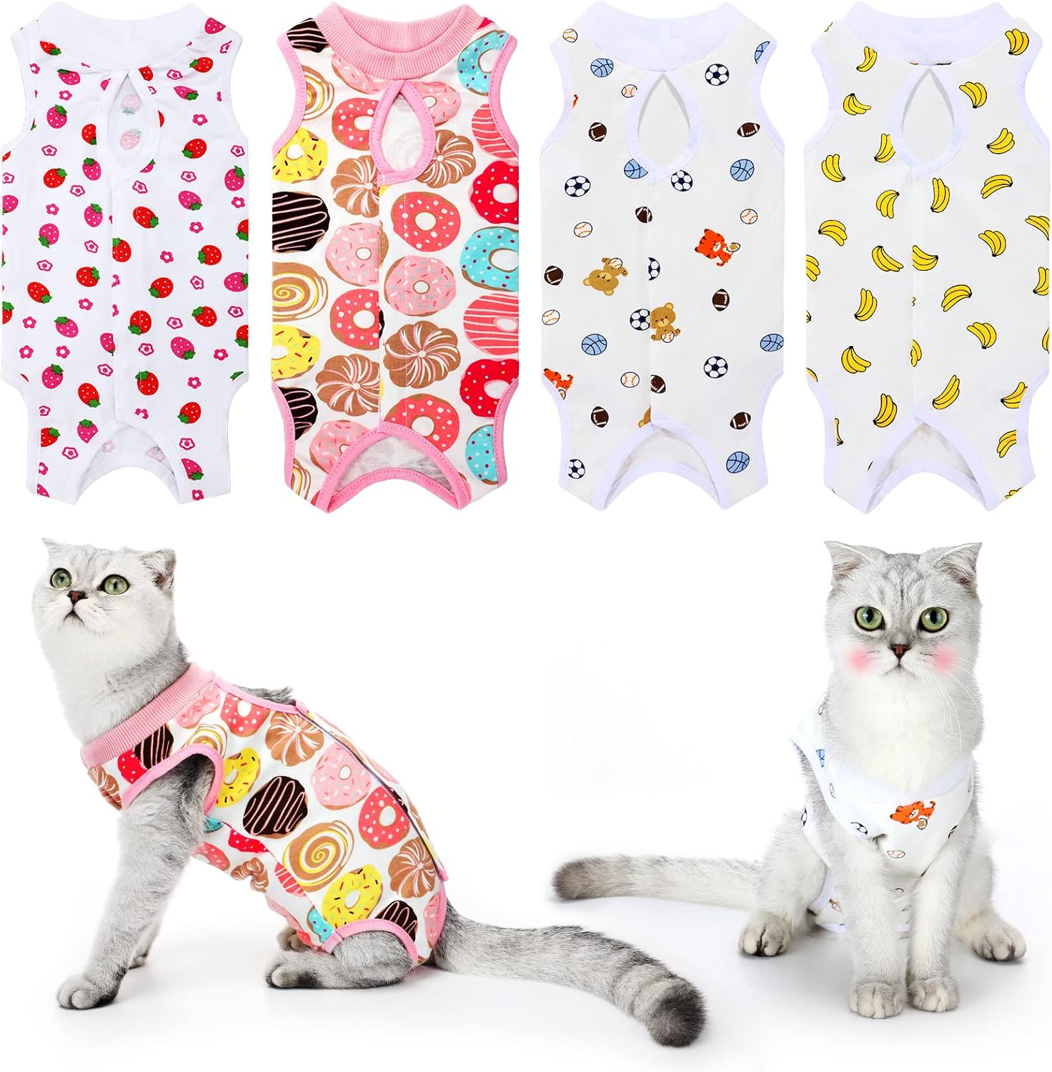 Weewooday cat recovery suits front view pack of four cute patterns