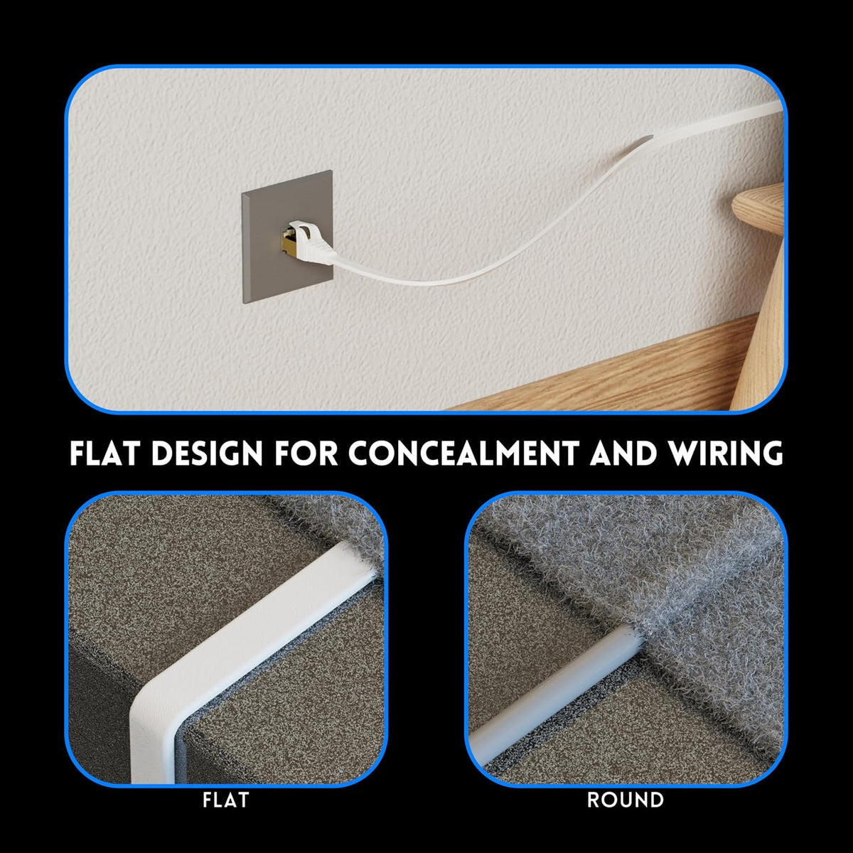 Demonstration of slim flat cable running smoothly underneath a carpet