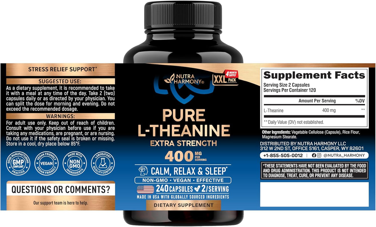 NutraHarmony L-Theanine supplement bottle nutritional facts panel