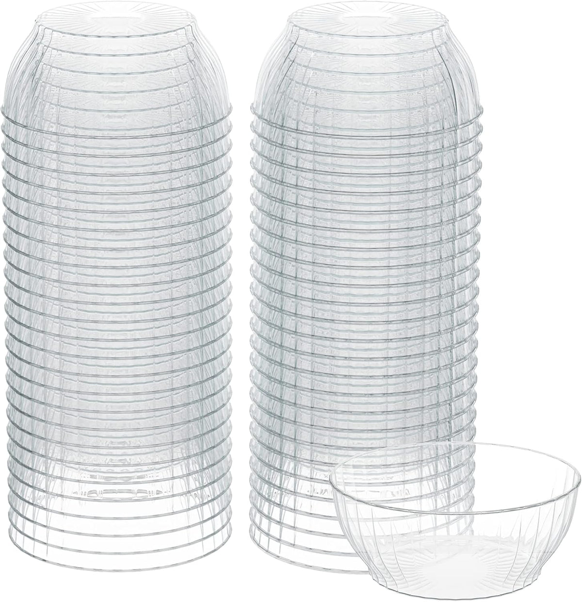 R-Kay 6 Ounce Clear Plastic Small Bowls front view of stacked disposable dessert bowls.