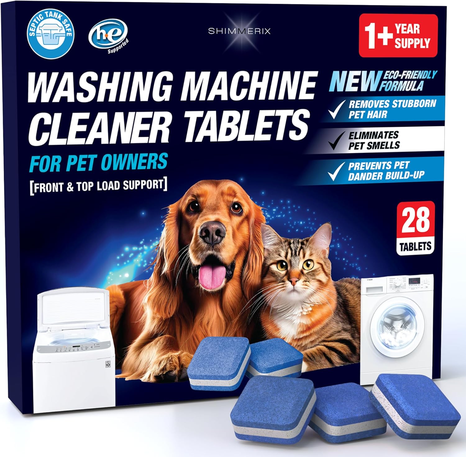 Shimmerix Washing Machine Cleaner Pro Tablets packaging front view for pet hair removal.