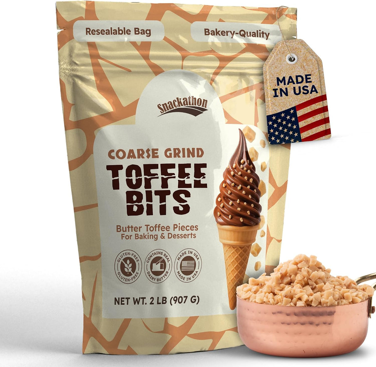 Snackathon Toffee Bits, Coarse Grind, 10 OZ Bulk Resealable Bag, Sweet & Crunchy Butter Toffee Pieces for Ice Cream Topping, Baking & Desserts, Made in USA - Image 11