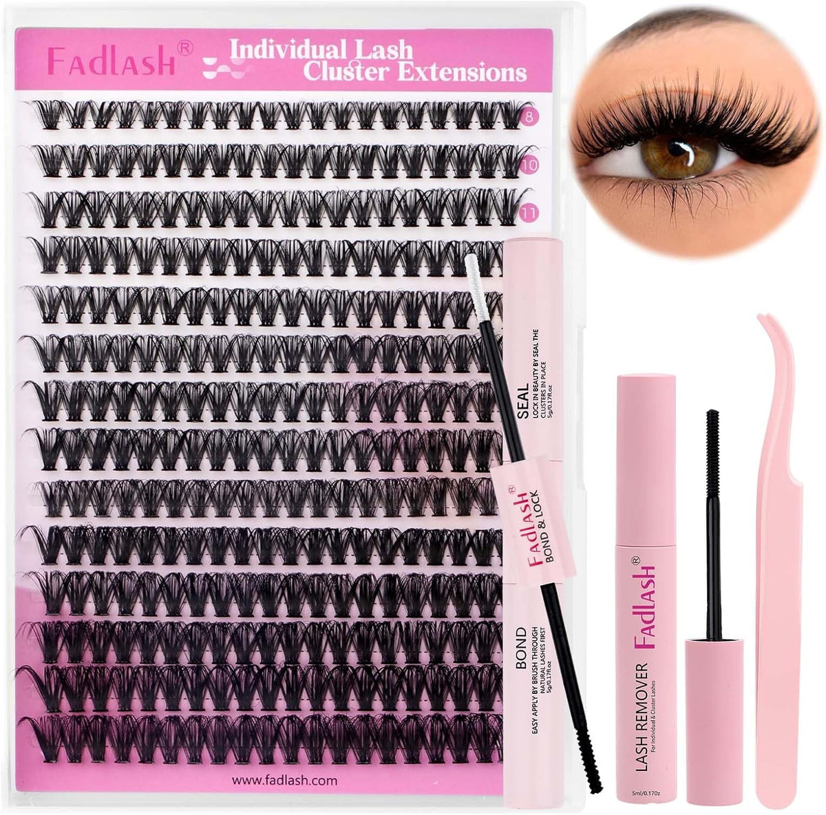 Fadlash DIY Lash Extension Kit front view showcasing individual clusters and application tools