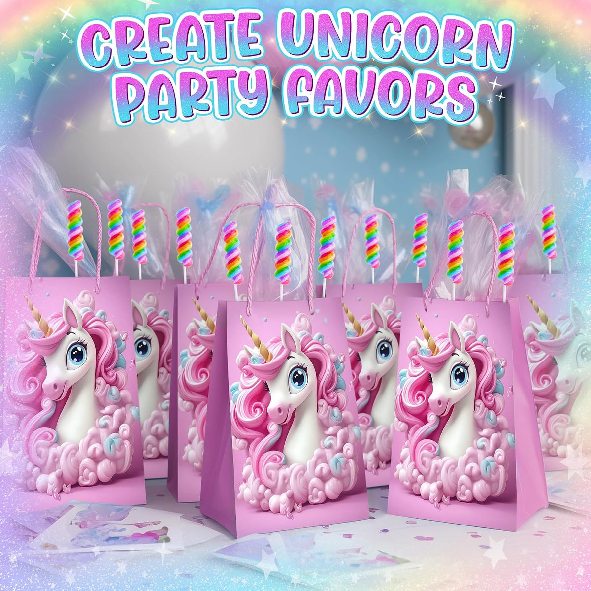 Individually wrapped rainbow swirl unicorn horn candy suckers