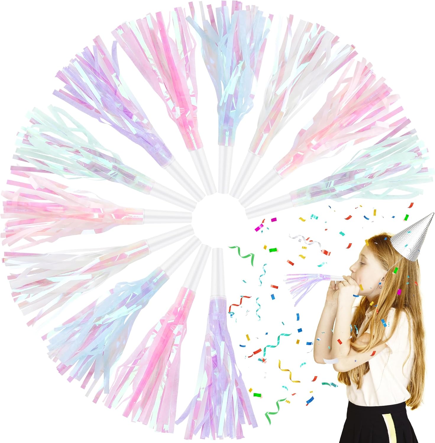 Twavang 12 piece metallic glitter party blowers front view