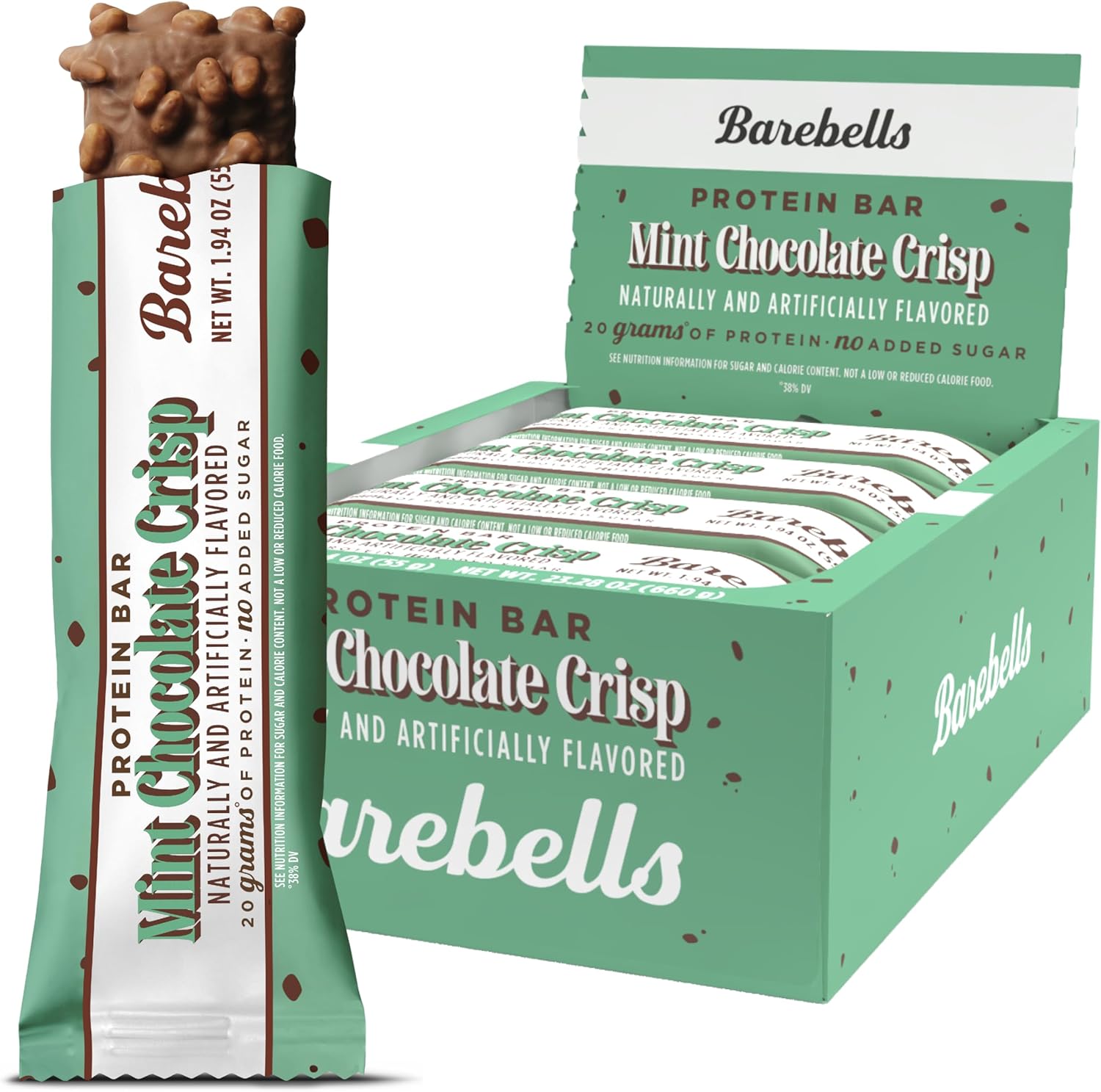 Barebells Mint Chocolate Crisp Protein Bar front view box packaging for muscle recovery