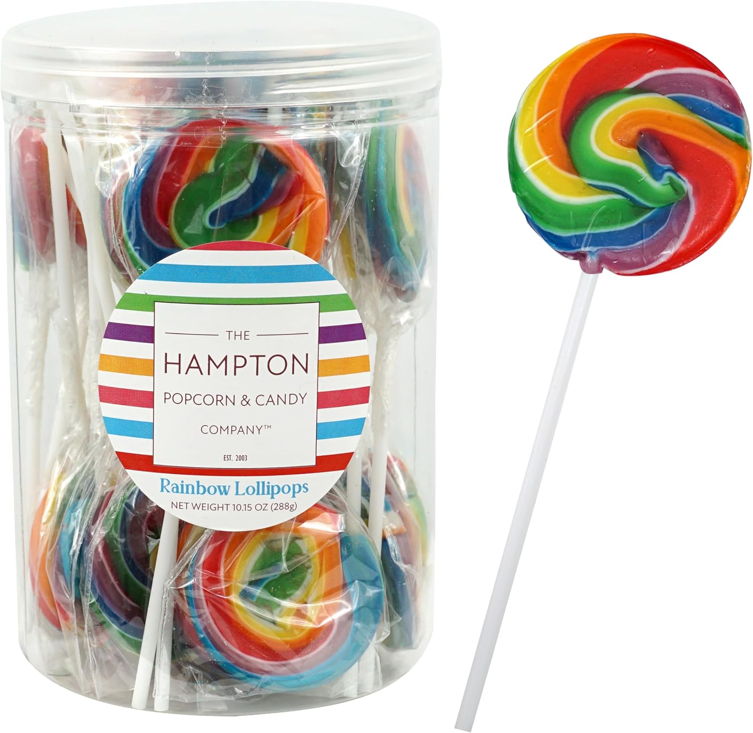 The Hampton Candy Company Rainbow Swirl Lollipops twenty-four pack front view showing vibrant multi-colored carnival candy.
