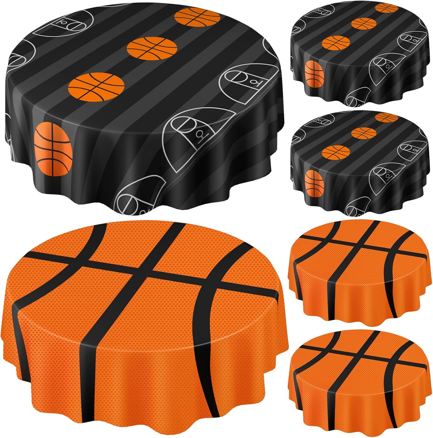 Funnymoom 6 Pack Round Basketball Tablecloth front view showing orange basketball pattern on a circular table.