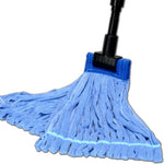 Microfiber Wholesale Large Tube Mop front view showcasing blue looped microfiber strands and stainless steel handle for commercial cleaning.