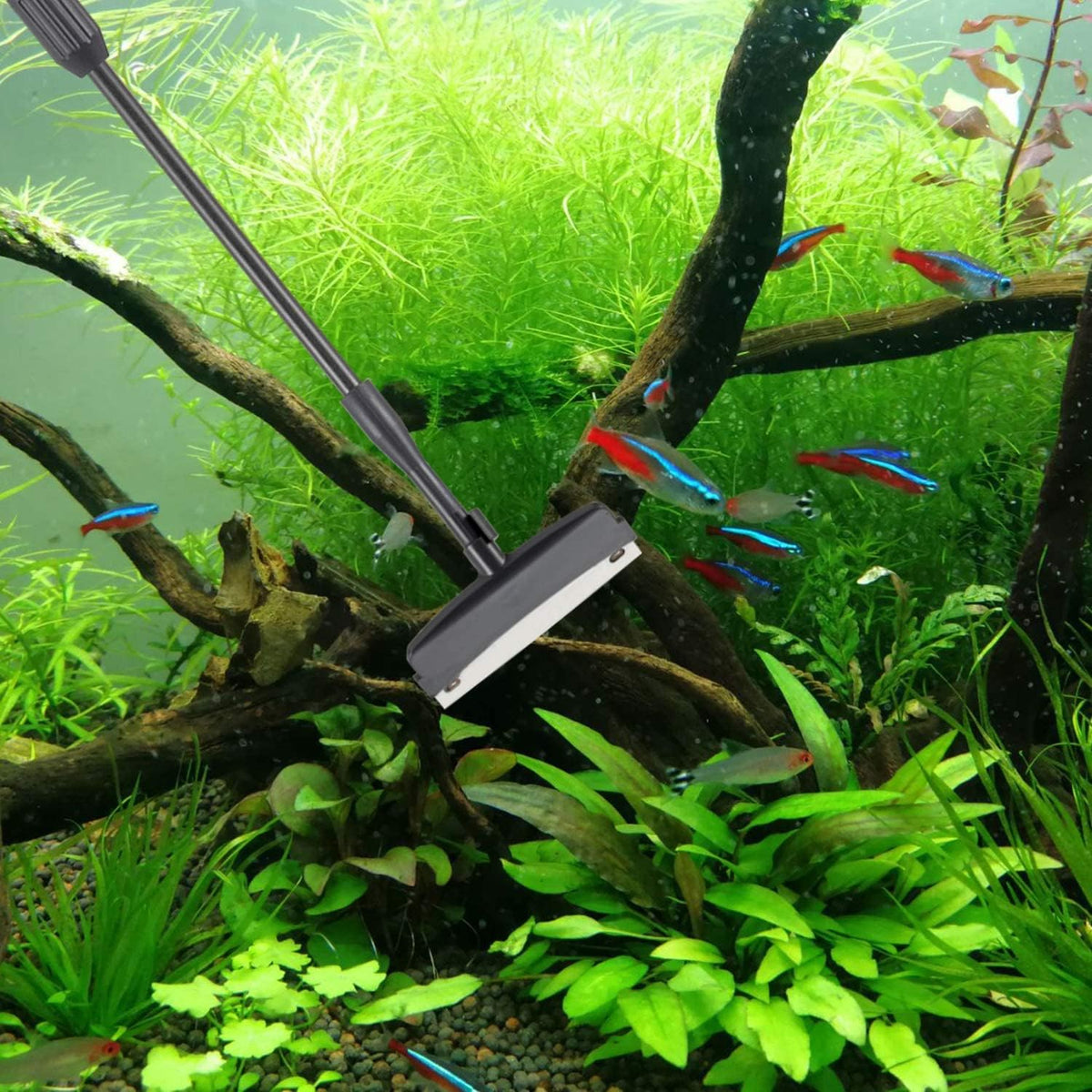 Hygger multi purpose fish tank cleaner kit with stainless steel algae scraper tool attached.