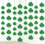 Jollylife St Patricks Day Shamrock Decorations front view of packaged twelve piece hanging garland strings.