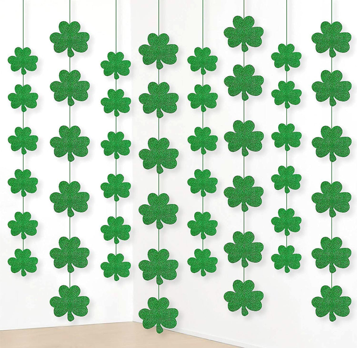 Jollylife St Patricks Day Shamrock Decorations front view of packaged twelve piece hanging garland strings.