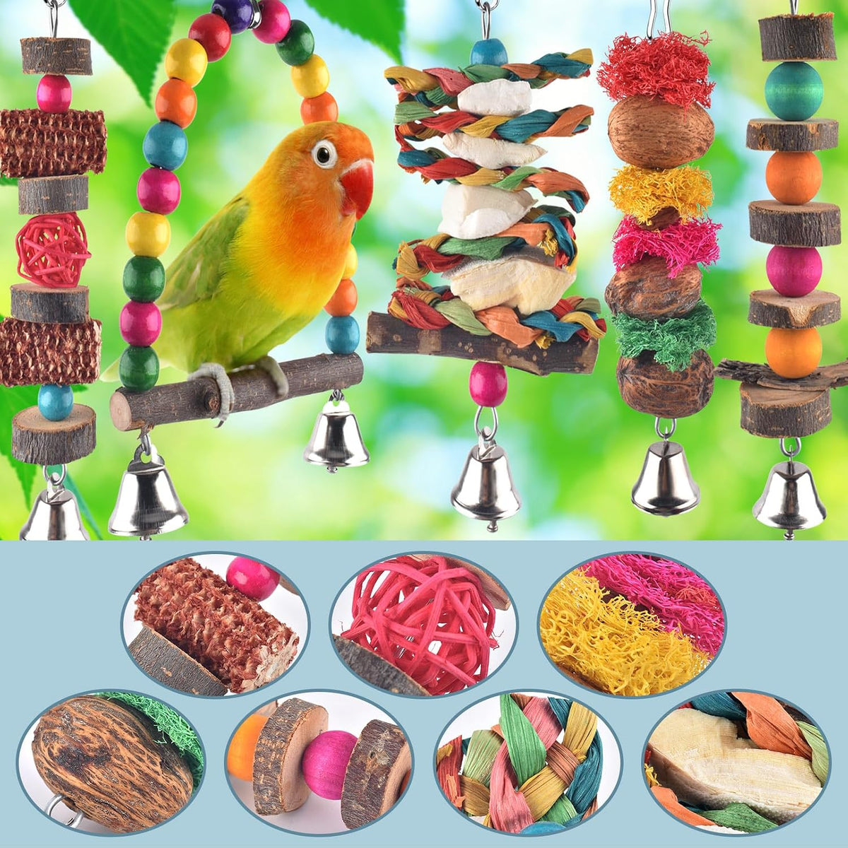 Bissap bird chewing block and foraging toys close up view for lovebirds