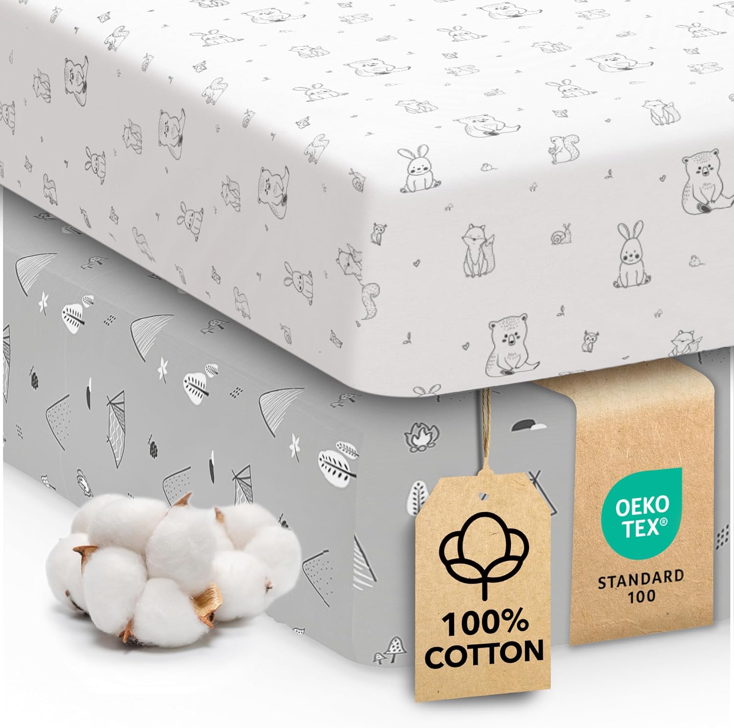 Sweety Fox 2 pack woodland print jersey cotton crib sheets front view