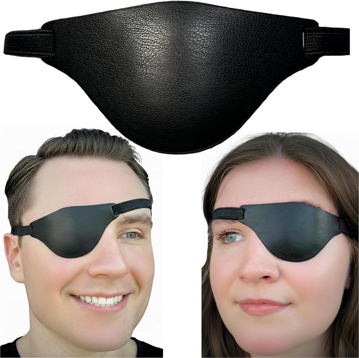 Extraordinary Commissary Black Leather Eye Patch front view showing the premium textured genuine leather finish and protective 3D concave dome design.