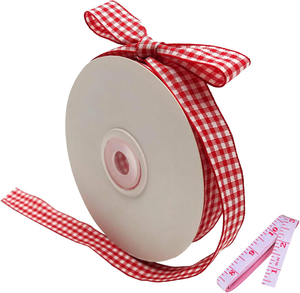 Dayedz red and white gingham ribbon roll 25 yards front view