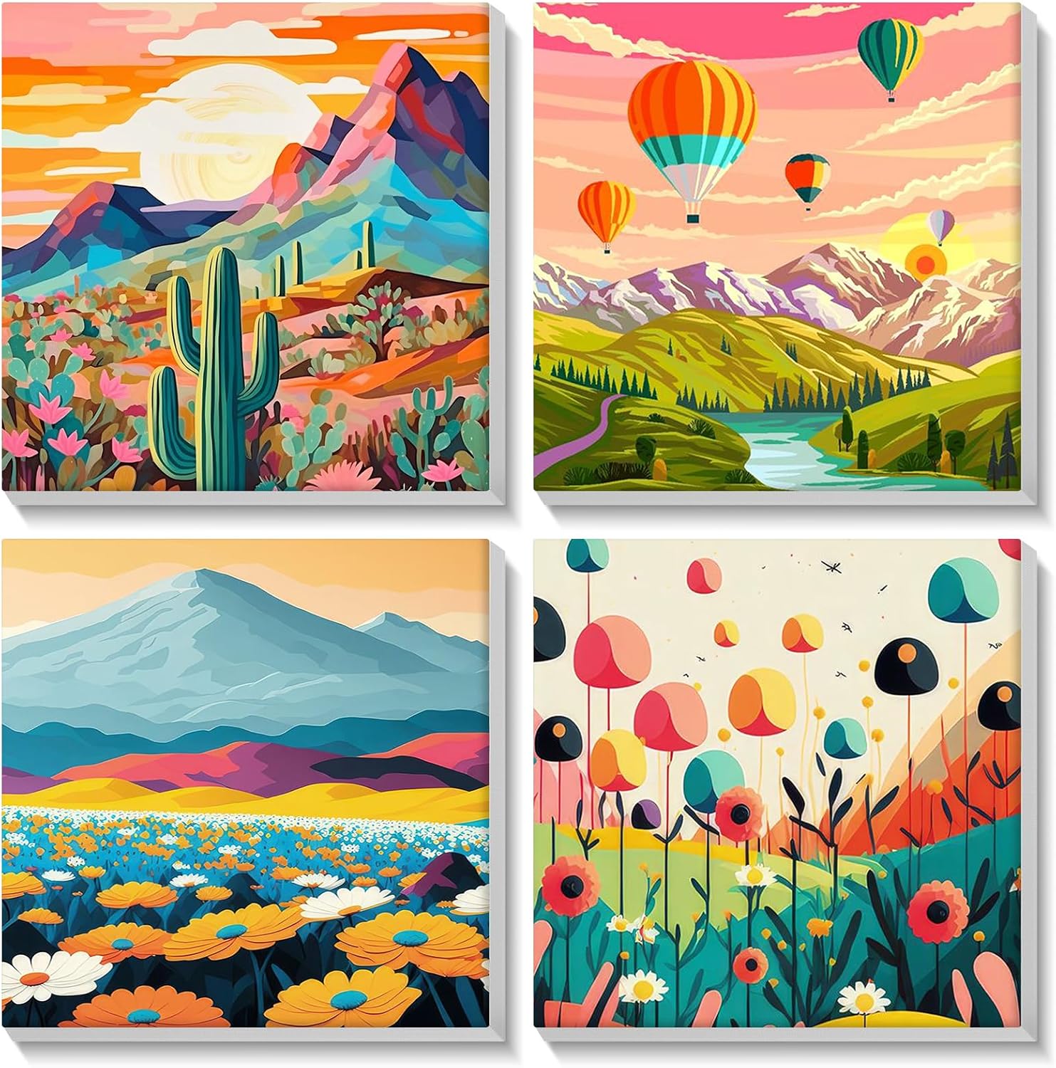 MISCER Paint by Numbers Landscape Kit front view showing four unique canvas designs and acrylic paint pots.
