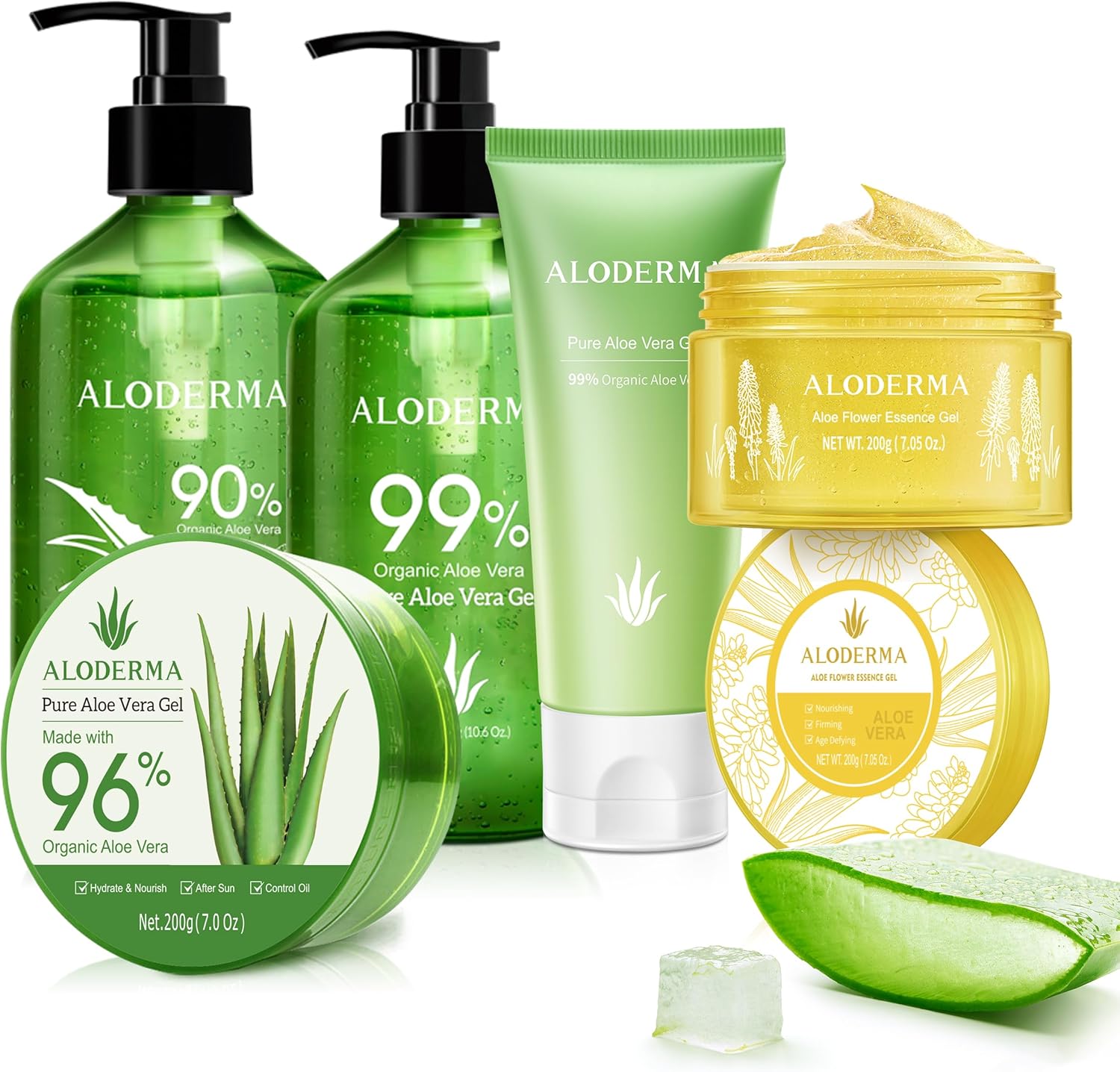 Aloderma brand 5 pack aloe vera gel set with flower essence and tea tree oil
