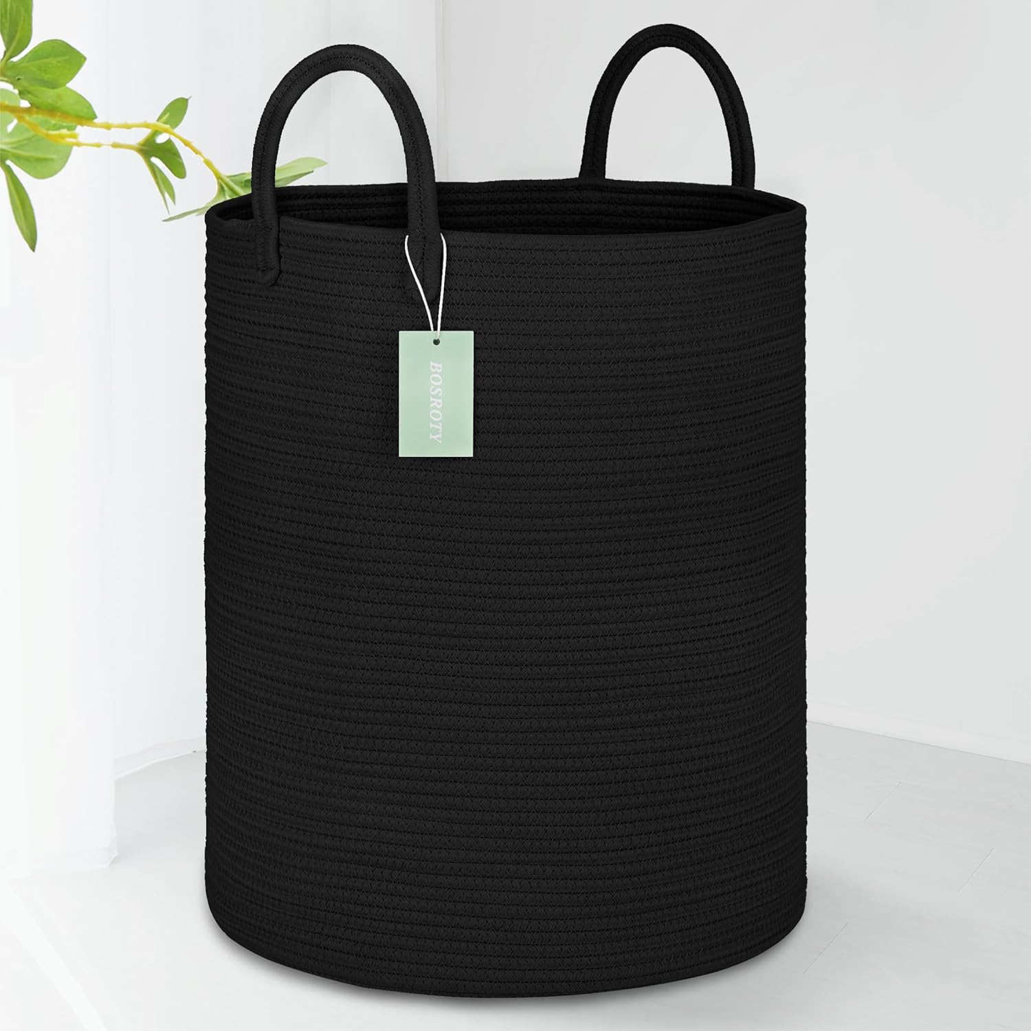 Bosroty large black cotton rope laundry hamper front view