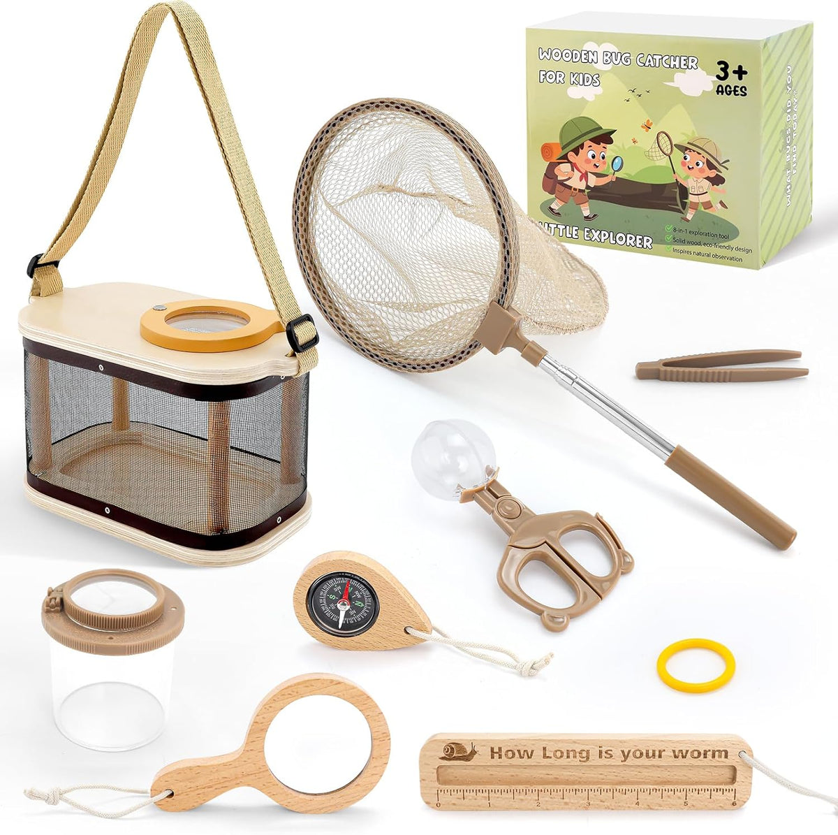 WoodsyJoy Wooden Bug Catcher Kit with all included explorer tools