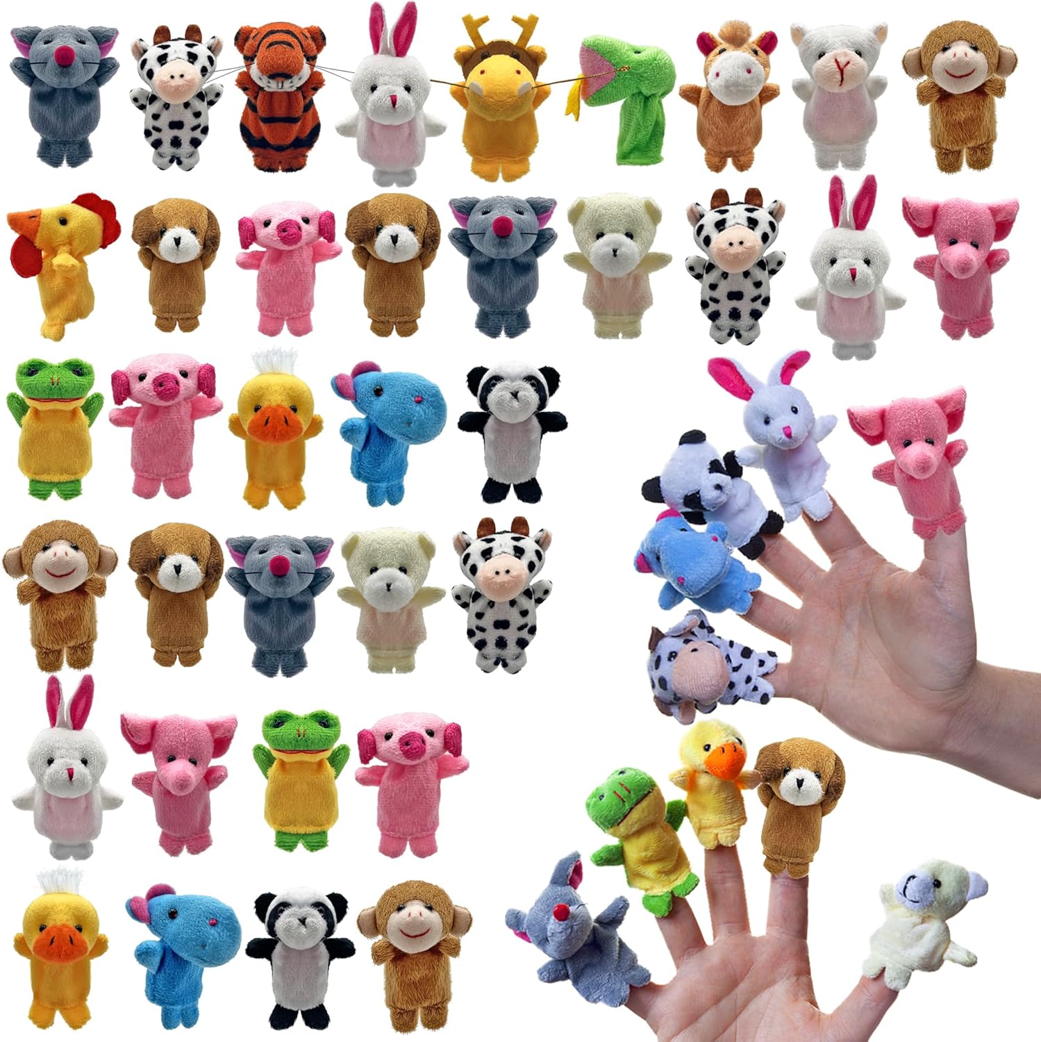XIPEGPA 36 Piece Animal Finger Puppets Set front view displaying various colorful plush miniature characters