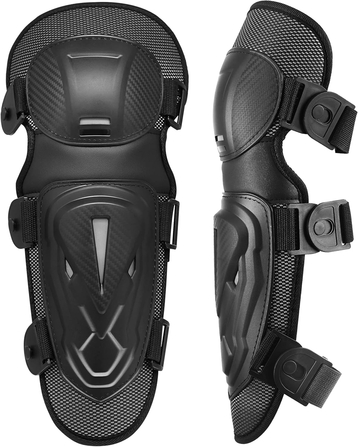 BRAVORD powersports knee shin guards front view showing the durable black protective outer shell.