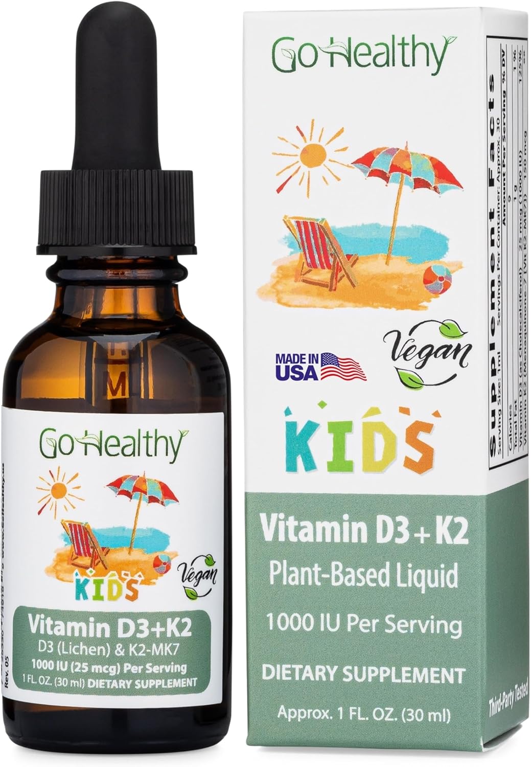 Go Healthy Kids Vitamins D3 K2 (MK-7), Child Vitamin D, Liquid Vegan D3 K2 Drops for Kids, Sugar-Free, Easy-to-Absorb, Children's Growth & Immune Support, Vanilla Flavor - 30 Servings - Image 1