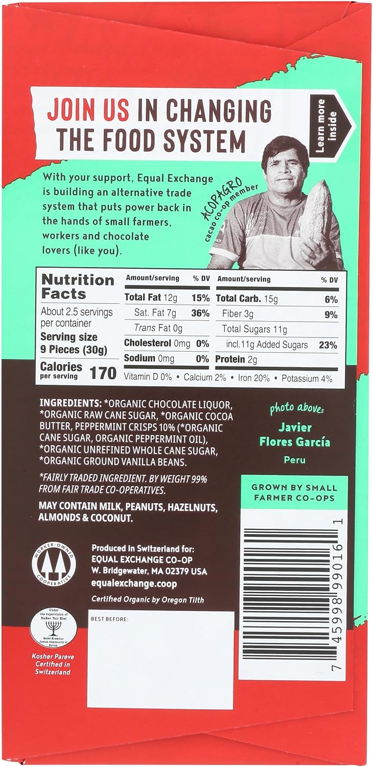 Close up of 67 percent cacao organic mint dark chocolate bar