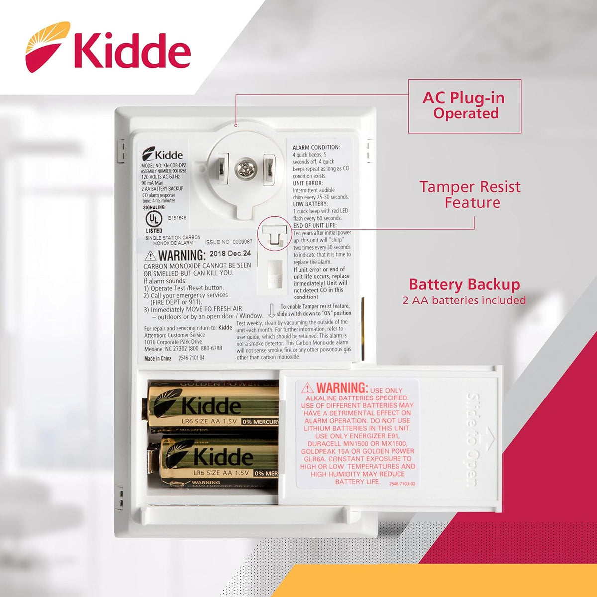 Kidde KN-COB-DP2 carbon monoxide detector LED indicator lights