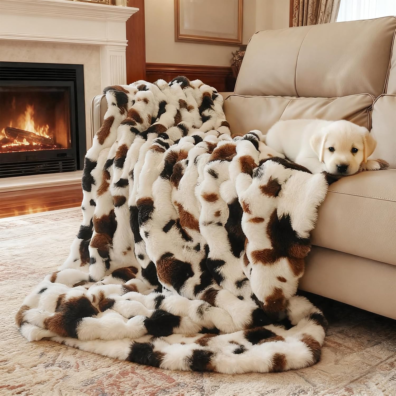 Fruaros cow print faux fur baby blanket front view showing fluffy 3D bubble texture.