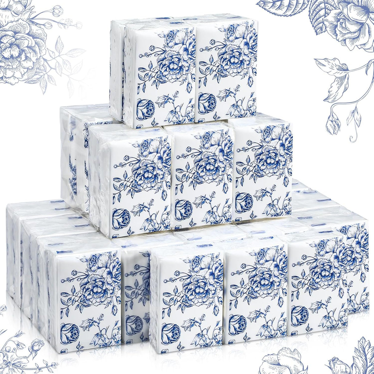 Perthlin blue flower happy tears tissues fifty pack front view displaying elegant porcelain pattern