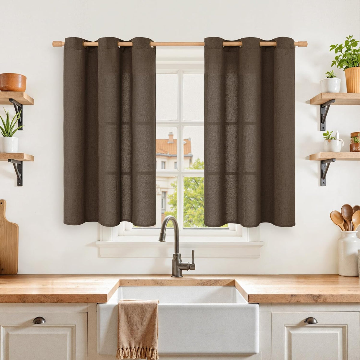 YoungsTex brown linen curtains front view window drapes